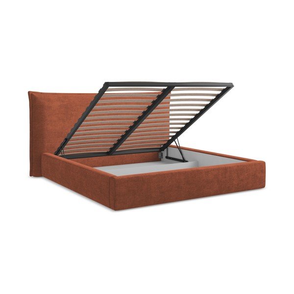 Oblazinjena zakonska postelja s prostorom za shranjevanje z letvenim dnom 160x200 cm v barvi terakote Esala – Makamii-image-3