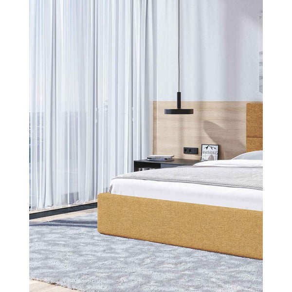 Oker rumena oblazinjena zakonska postelja s prostorom za shranjevanje z letvenim dnom 180x200 cm Bufo – MESONICA-image-4
