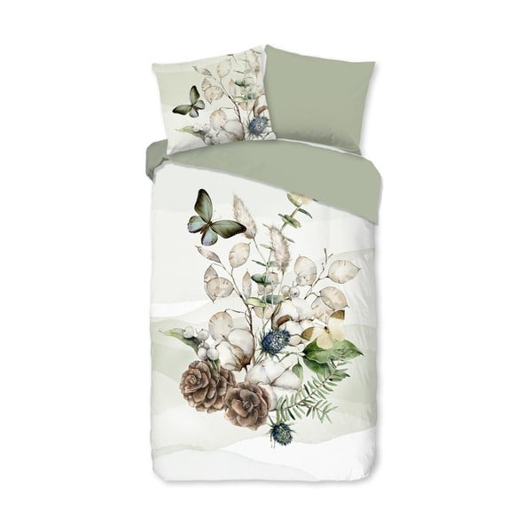 Zelena in kremno bela enojna/podaljšana flanelna posteljnina 140x220 cm Marjan – Good Morning