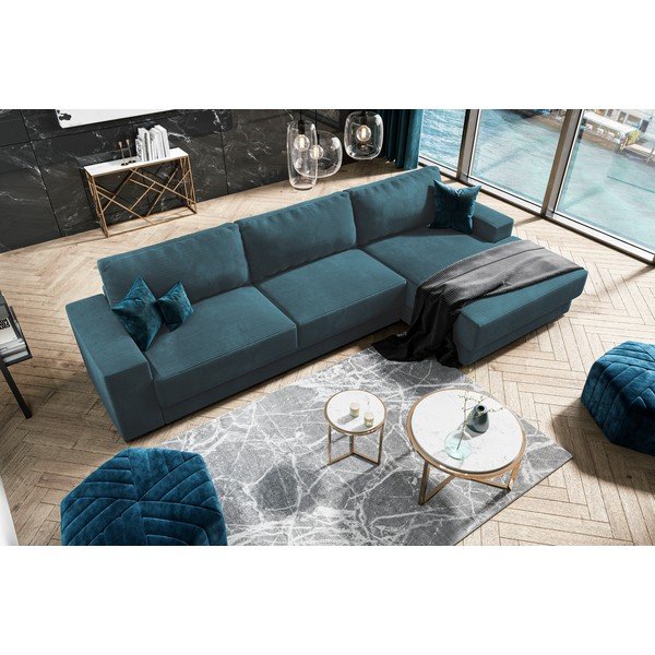 Turkizna raztegljiva kotna sedežna garnitura iz rebrastega žameta Donatella – Milo Casa-image-1