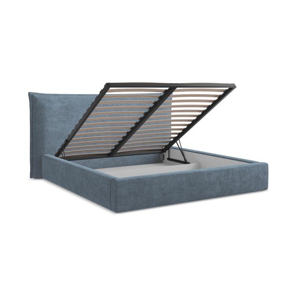 Modra oblazinjena zakonska postelja s prostorom za shranjevanje z letvenim dnom 160x200 cm Esala – Makamii-image-3