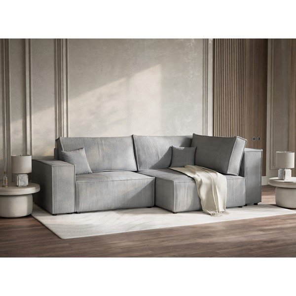 Siva raztegljiva/s prostorom za shranjevanje kotna sedežna garnitura iz rebrastega žameta (desni kot/v obliki črke L) Tonga – Maison de Rêve-image-4