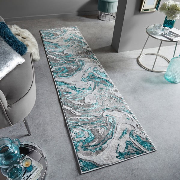 Siv/turkizen tekač 80x300 cm Marbled – Flair Rugs-image-1