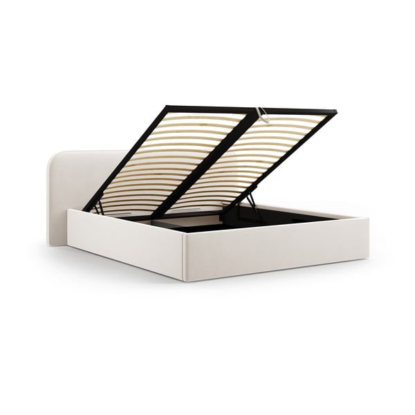 Slonokoščena oblazinjena zakonska postelja s prostorom za shranjevanje in z letvenim dnom 180x200 cm Elizabeth – Micadoni -image-2