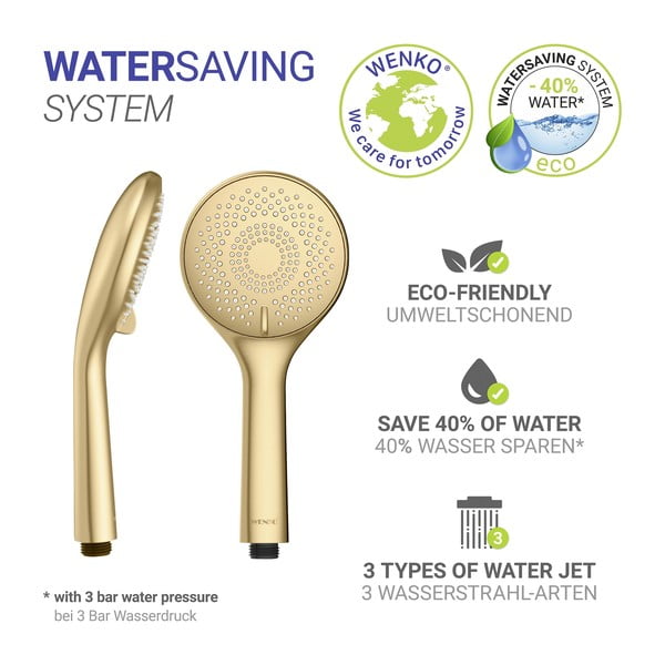 Plastična varčna tuš glava v mat zlati barvi ø 11 cm Watersaving System – Wenko-image-2