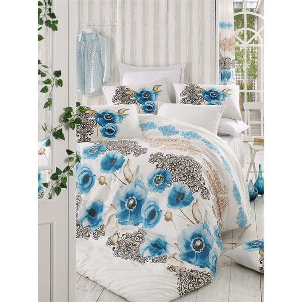 Bela/modra bombažna posteljnina za zakonsko posteljo 200x200 cm Merve – Mijolnir