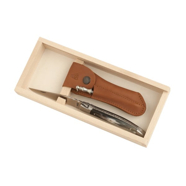 Žepni nož z ročajem iz pravega roga v usnjenem ovitku in škatli Jean Dubost
