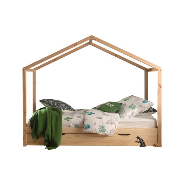 Otroška postelja iz masivnega bora v obliki hiške z dodatnim ležiščem in prostorom za shranjevanje 90x200  DALLAS – Vipack