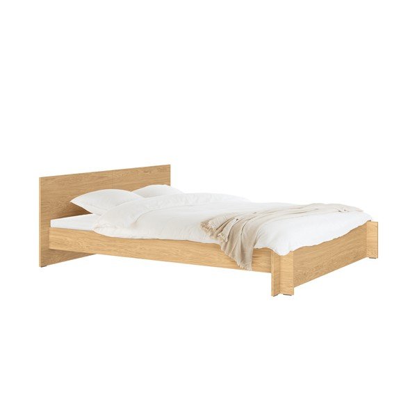 Zakonska postelja iz iverne plošče/iz vezane plošče v hrastovem dekorju z letvenim dnom 200x200 cm v naravni barvi Valt – noo.ma