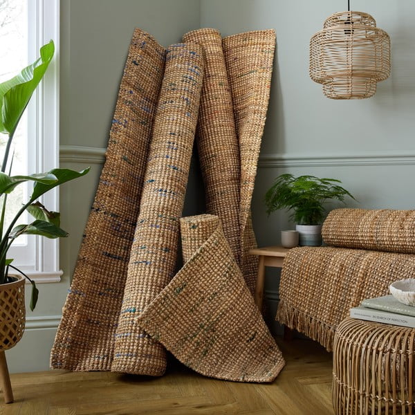 Obojestranski ročno tkan tekač iz jute v naravni in zeleni barvi 60x230 cm Jute Boucle Green – Flair Rugs-image-2