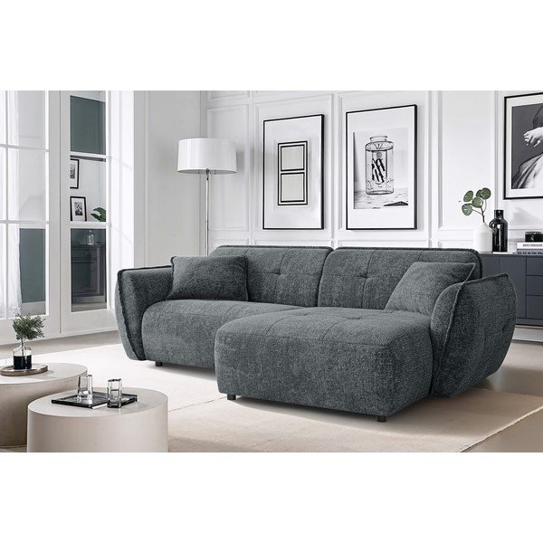 Temno siva kotna sedežna garnitura iz šenilje (desni kot/z ležalnikom) Nelia – Ropez-image-1