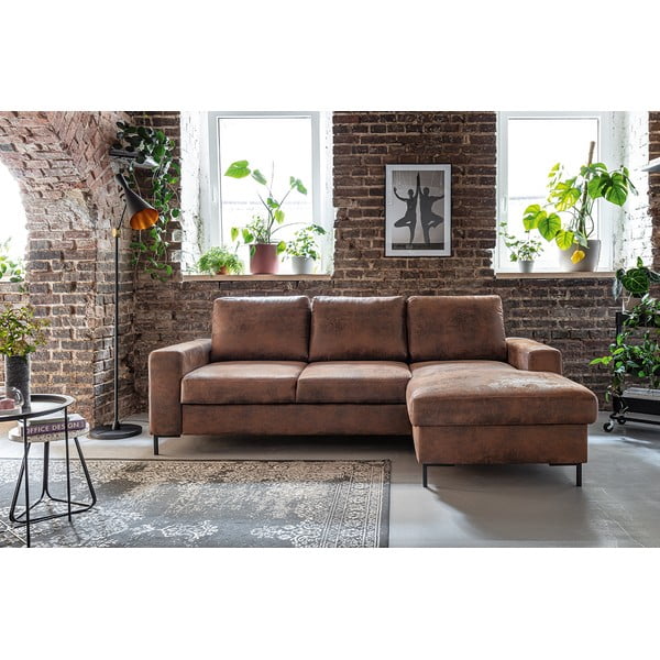 Rjava kotna raztegljiva sedežna garnitura iz umetnega usnja Miuform Lofty Lilly Vintage, desni kot-image-1