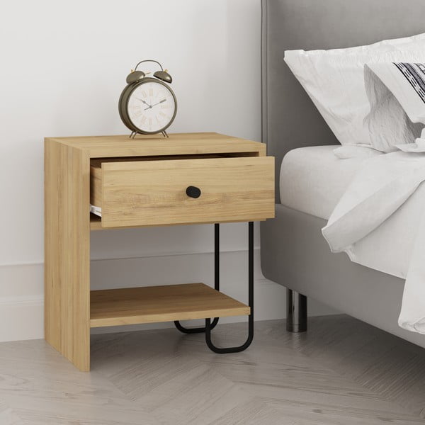 Nočna omarica v hrastovem dekorju s policami v naravni barvi Saturne – Marckeric-image-3