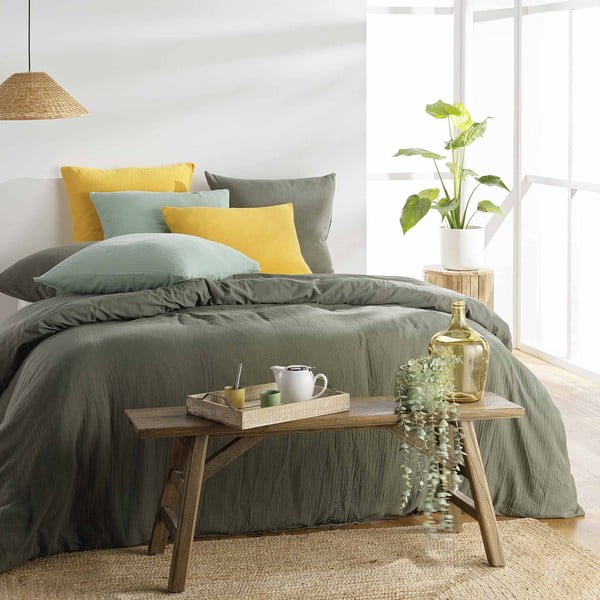 Kaki zelena enojna posteljnina iz muslina 140x200 cm Angelia – douceur d'intérieur-image-2