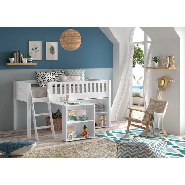 Bela dvignjena otroška postelja iz masivnega bora s prostorom za shranjevanje 90x200 cm SCOTT – Vipack-image-1