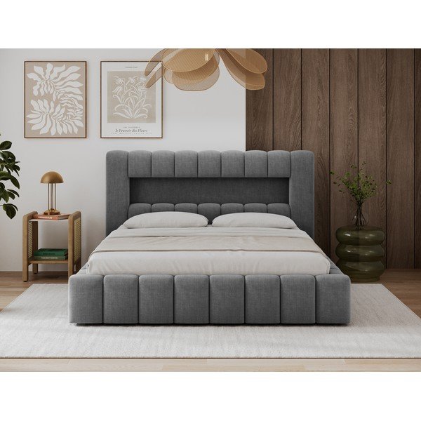 Siva oblazinjena zakonska postelja s prostorom za shranjevanje in z letvenim dnom 160x200 cm Lamica – ELTAP-image-1