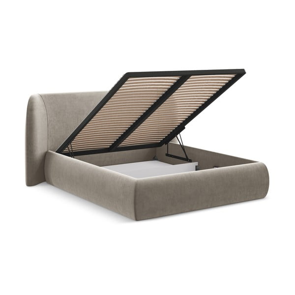 Sivorjava oblazinjena zakonska postelja s prostorom za shranjevanje z letvenim dnom 140x200 cm Hauke – Makamii-image-2