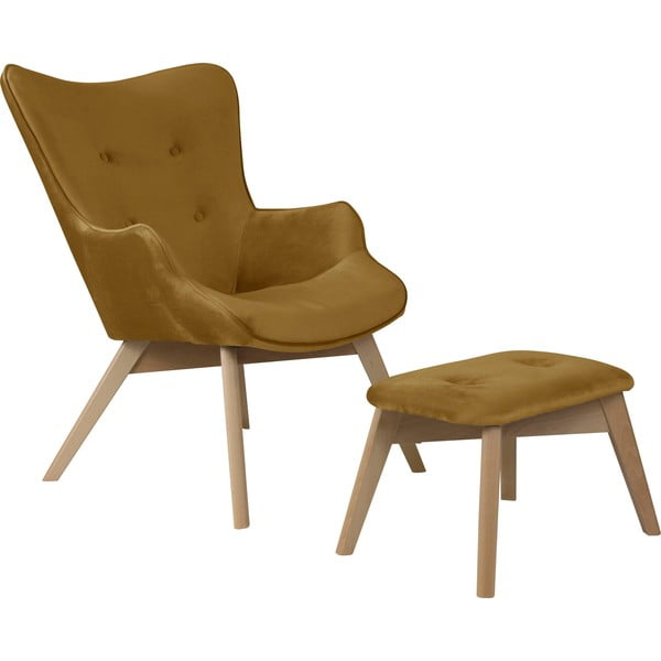 Gorčično rumen žameten fotelj z naslonjalom za noge Niko – Ropez