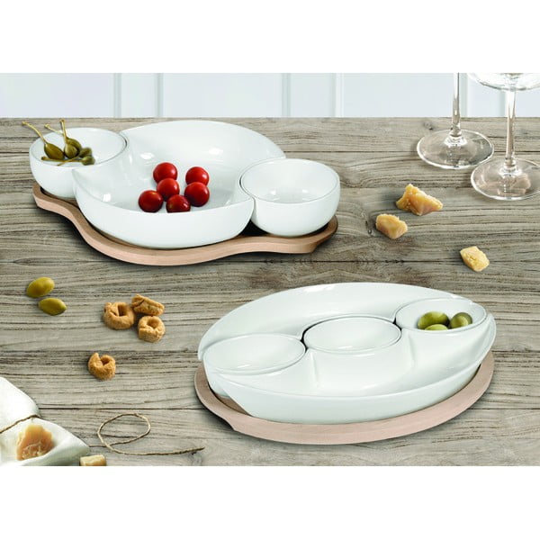 Komplet 5 belih porcelanastih servirnih skled na bambusovem pladnju Brandani Plait-image-1