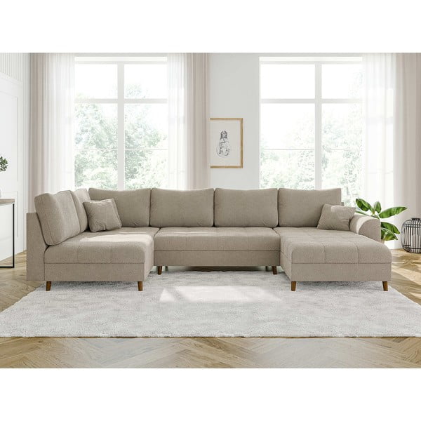 Bež kotna sedežna garnitura iz tkanine bouclé (desni kot/v obliki črke "U") Ariella – Ropez-image-1