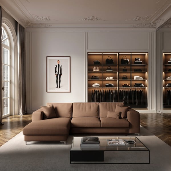 Rjava žametna raztegljiva kotna sedežna garnitura s prostorom za shranjevanje (levi kot/z ležalnikom) Rene – Rodier-image-1