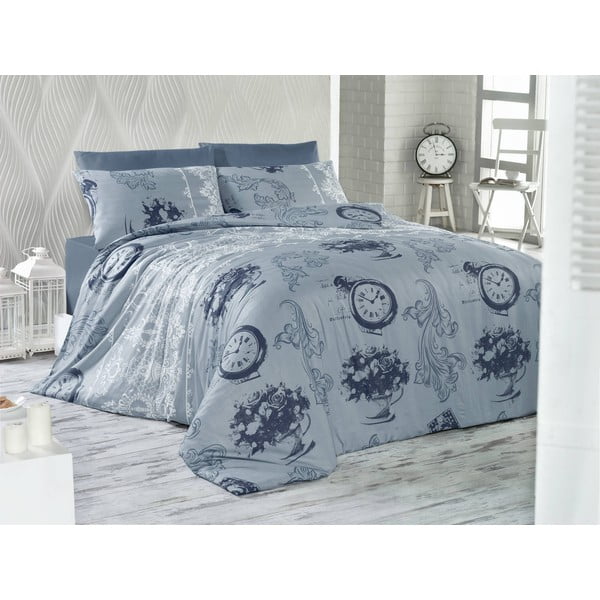 Modro bombažno posteljno perilo za zakonsko posteljo z rjuho za zakonsko posteljo Pierre, 200 x 220 cm
