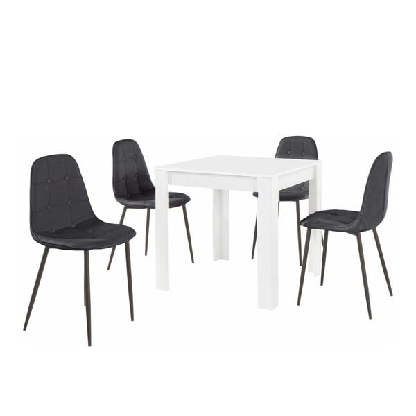 Komplet bele jedilne mize in 4 črnih jedilnih stolov Støraa Lori Lamar Duro