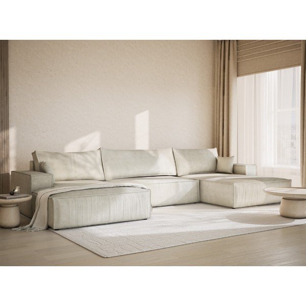 Kremno bela raztegljiva/s prostorom za shranjevanje kotna sedežna garnitura iz šenilje (v obliki črke "U") Kyoto – Maison de Rêve-image-1