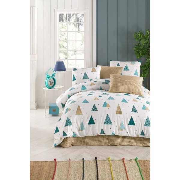 Bela/modra posteljnina za zakonsko posteljo 200x200 cm Puantiye – Mijolnir