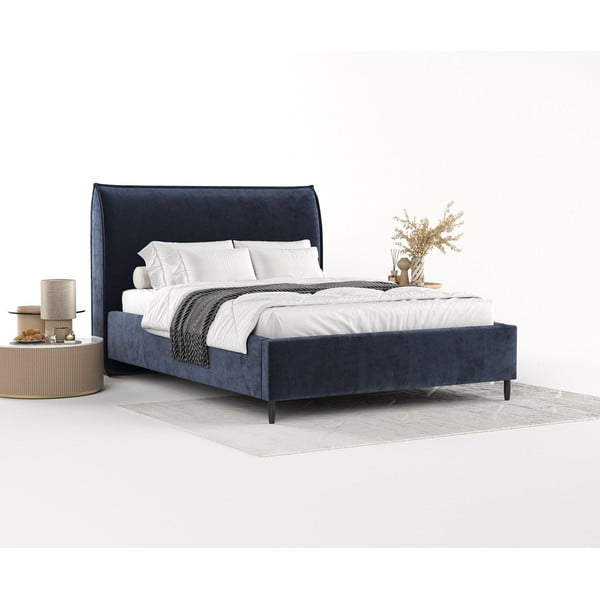 Temno modra oblazinjena zakonska postelja s prostorom za shranjevanje z letvenim dnom 180x200 cm Shell – Maison de Rêve-image-2