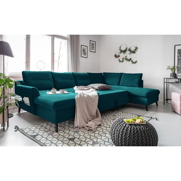 Turkizna žametna raztegljiva sedežna garnitura v obliki črke U Miuform Stylish Stan, desni kot-image-4