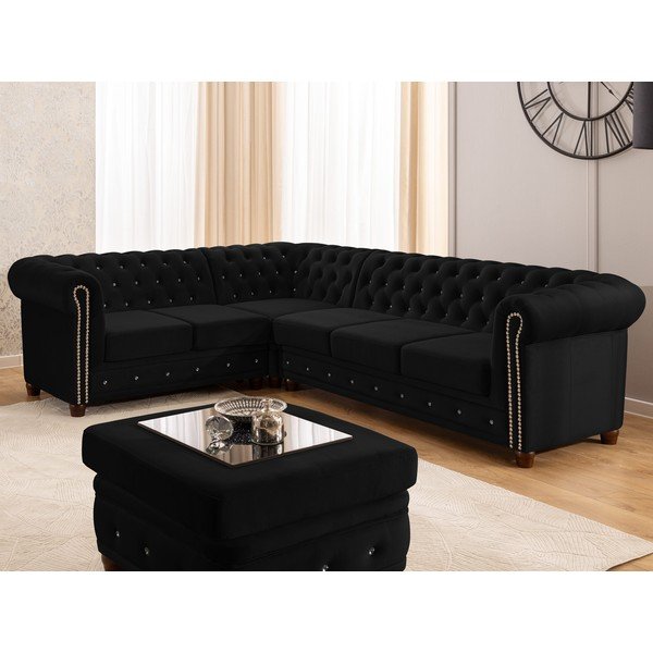 Črna žametna raztegljiva kotna sedežna garnitura (levi kot/v obliki črke L) York Blik – Ropez-image-4