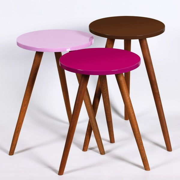 Komplet 3 okroglih stranskih mizic Kate Louise (vijolična, roza, rjava)