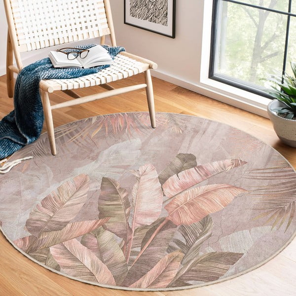 Svetlo rožnata pralna okrogla preproga ø 120 cm Dusty Leaves – Mila Home-image-4