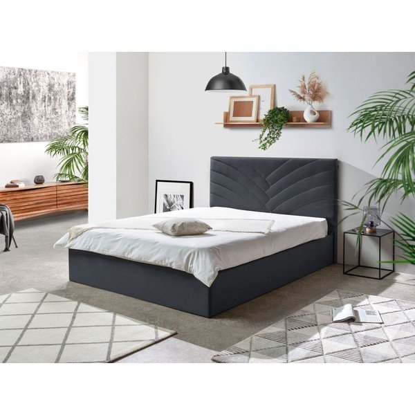 Temno siva oblazinjena zakonska postelja s prostorom za shranjevanje in letvenim dnom 160x200 cm Palmyre - Bobochic Paris-image-1