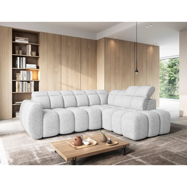 Svetlo siva raztegljiva/s prostorom za shranjevanje kotna sedežna garnitura iz tkanine bouclé (desni kot/v obliki črke L) Falconn – ELTAP-image-1