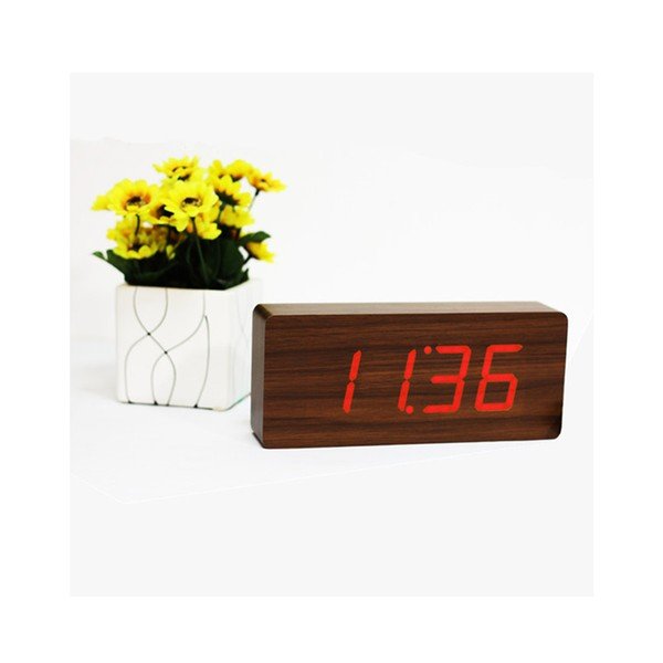 Temno rjava budilka z rdečim zaslonom LED Gingko Slab Click Clock-image-2