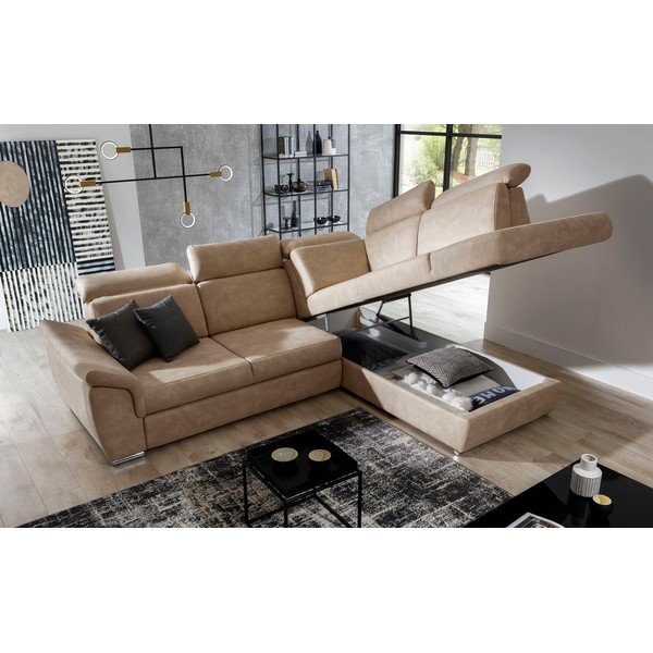 Bež žametna raztegljiva/s prostorom za shranjevanje kotna sedežna garnitura (desni kot/v obliki črke L) Loreto – ELTAP-image-3