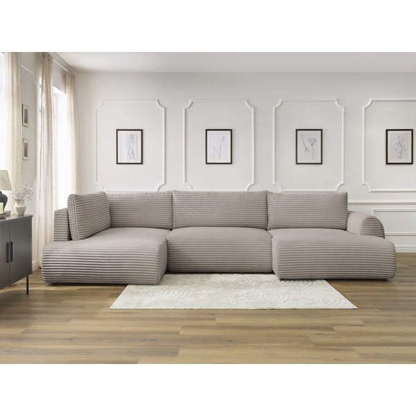 Svetlo siva/bež raztegljiva/s prostorom za shranjevanje kotna sedežna garnitura iz rebrastega žameta (levi kot/v obliki črke "U") Lucien – Bobochic Paris-image-1