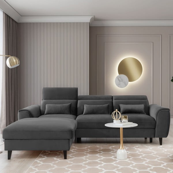 Temno siva žametna raztegljiva/s prostorom za shranjevanje kotna sedežna garnitura (levi kot/z ležalnikom) Foble – ELTAP-image-1