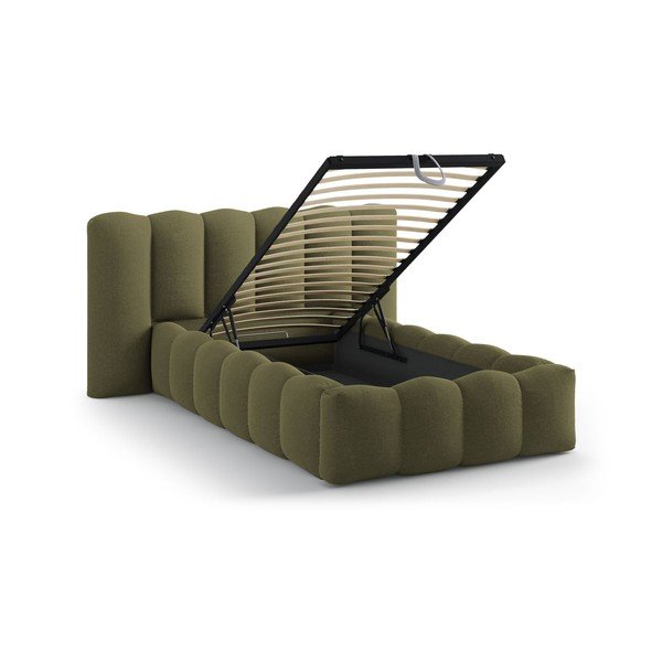 Kaki zelena oblazinjena postelja s prostorom za shranjevanje in z letvenim dnom 90x200 cm Lupine – Micadoni -image-1