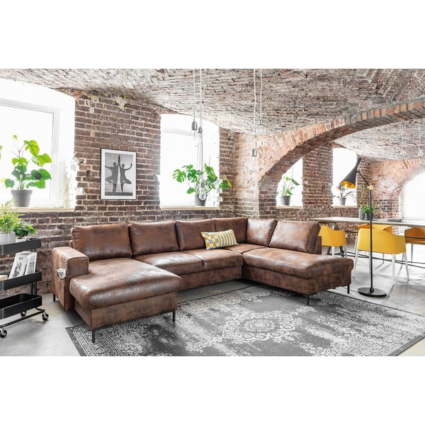 Rjava usnjena raztegljiva sedežna garnitura v obliki črke U iz umetnega usnja Miuform Lofty Lilly Vintage, desni kot-image-3