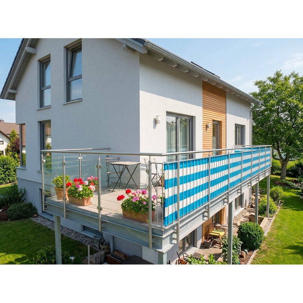 Belo-moder plastičen balkonski zastor 500x90 cm