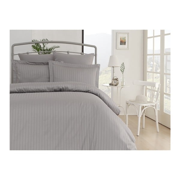 Exclusive Line sivo bombažno satenasto posteljnino z rjuho za zakonsko posteljo, 200 x 220 cm