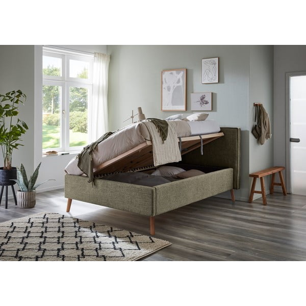 Temno zelena oblazinjena zakonska postelja s prostorom za shranjevanje z letvenim dnom 140x200 cm Riva – Meise Möbel-image-3