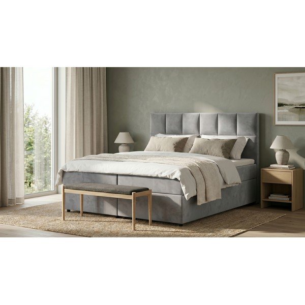 Svetlo siva boxspring postelja s prostorom za shranjevanje 200x200 cm Flip – Ropez-image-1