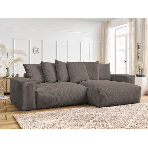 Sivorjava raztegljiva/s prostorom za shranjevanje kotna sedežna garnitura iz rebrastega žameta Voltaire – Bobochic Paris-image-1