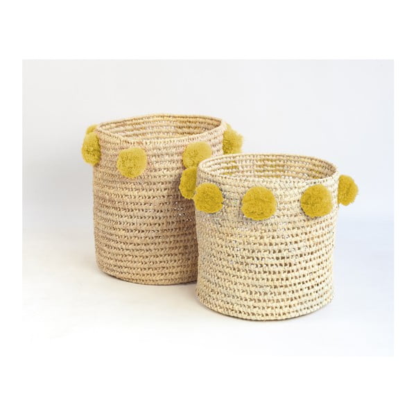Komplet 2 košar za shranjevanje iz palmovih vlaken z rumenimi okraski Madre Selva Milo Basket