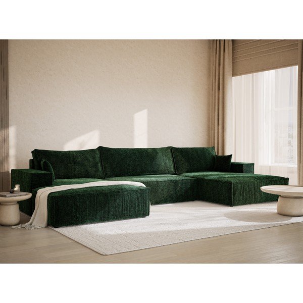 Temno zelena raztegljiva/s prostorom za shranjevanje kotna sedežna garnitura iz šenilje (v obliki črke "U") Kyoto – Maison de Rêve-image-1