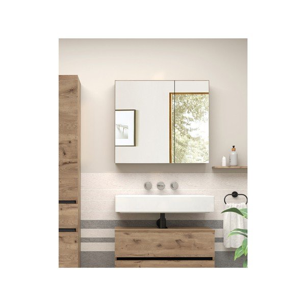 Stenska kopalniška omarica v hrastovem dekorju z ogledalom 80x70 cm Wisla – Støraa-image-3